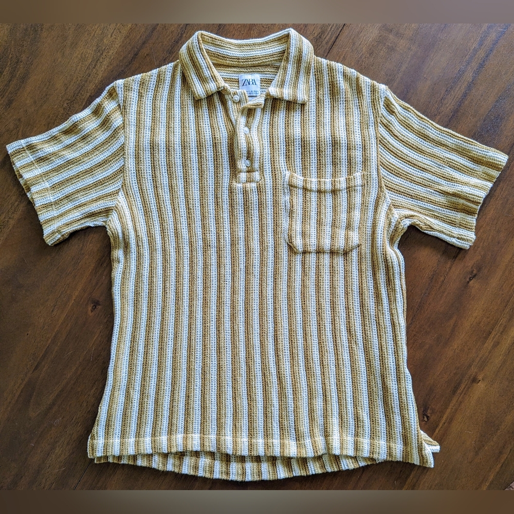 Zara Open Knit Polo Shirt Men's Size Small Gold and White Stripe